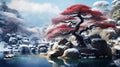 beautiful winter landscape, old ornamental trees with red leaves on snow covered rocks near the pond, beautiful nature Royalty Free Stock Photo