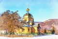 Beautiful winter landscape with orthodox church colorful painting looks like picture.