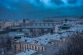 winter landscape of Prague city and Vltava river in Czech Republic, night view Royalty Free Stock Photo