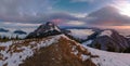 Beautiful winter landscape, rock-lit by the rays of the sun at sunset, Velky Rozsutec, mala fatra, Slovakia mountain Royalty Free Stock Photo