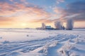 Beautiful Winter landscape at a rural field at sunset - stock concepts Royalty Free Stock Photo