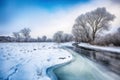 Beautiful Winter landscape scene background with snow covered trees and ice river Royalty Free Stock Photo