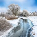 Beautiful Winter landscape scene background with snow covered trees and ice river Royalty Free Stock Photo