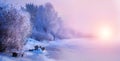 Beautiful winter landscape scene background with snow covered trees and iced river Royalty Free Stock Photo