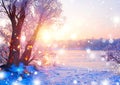 Beautiful winter landscape scene with ice river Royalty Free Stock Photo