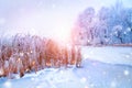 Beautiful winter landscape scene with ice river Royalty Free Stock Photo