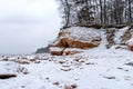 Beautiful winter landscape from the sea shore, colorful sandstone cliffs, winter by the sea Royalty Free Stock Photo