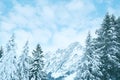 Beautiful winter landscape, snow-covered fluffy fir trees, snowfall in the mountains, panorama of mountain peaks, the Swiss Alps Royalty Free Stock Photo