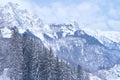 Beautiful winter landscape, snow-covered fluffy fir trees, snowfall in the mountains, panorama of mountain peaks, the Swiss Alps Royalty Free Stock Photo