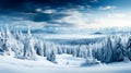 Beautiful winter landscape with snow covered trees and blue sky with clouds. Dramatic wintry scene Royalty Free Stock Photo