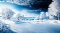 Beautiful winter landscape with snow covered trees and blue sky with clouds. Dramatic wintry scene Royalty Free Stock Photo