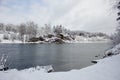 Beautiful winter landscape with snow-covered trees and flowing river. Snow forest and Winter background. Fabulous winter Royalty Free Stock Photo