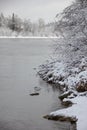 Beautiful winter landscape with snow-covered trees and flowing river. Snow forest and Winter background. Fabulous winter Royalty Free Stock Photo