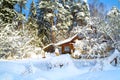 Beautiful winter landscape with snow-covered trees and house Royalty Free Stock Photo