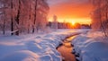 Beautiful winter landscape with snow covered trees and river at sunset Royalty Free Stock Photo