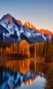 Beautiful winter landscape with snowed mountains and trees reflections