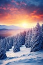 beautiful winter landscape with snowy mountains and fir tree forest, slope with snow scenery, in style of purple and Royalty Free Stock Photo