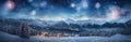 Beautiful winter landscape with snowy village and fireworks. Panoramic view Royalty Free Stock Photo