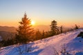 Beautiful winter landscape. The sun sets below the horizon against the backdrop of powdered winter trees atop a snowy mountain