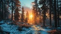Beautiful winter landscape with sunbeams in the snowy forest inspired by Siberia, Altai or Norwegian nature Royalty Free Stock Photo
