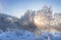 Beautiful winter landscape at sunrise. Amazing snowy nature scene on river side with bright sun rays Royalty Free Stock Photo