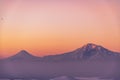 Beautiful winter landscape on the sunrise .The mountain peak snow-covered on the sunset. View Ararat mountain.