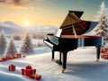 beautiful winter landscape in sunrise with snow-covered trees, piano, gifts and snow. AI generated. Illustration.