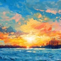 Beautiful winter landscape,  Sunset over the lake,  Illustration Royalty Free Stock Photo