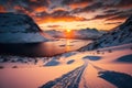 Beautiful winter landscape in the sunset and skiing tracks in the snow by the fjord