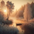 Beautiful winter landscape at sunset on a small river