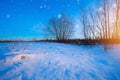 Beautiful winter landscape; sunset on the snowy frozen field Royalty Free Stock Photo