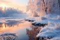 Beautiful winter landscape at sunset. Sun\'s rays shine through orange-pink-violet sky. A clear mirror lake surrounded Royalty Free Stock Photo