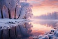 Beautiful winter landscape at sunset. Sun\'s rays shine through orange-pink-violet sky. A clear mirror lake surrounded Royalty Free Stock Photo