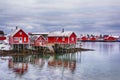 Beautiful winter landscape with traditional Norwegian fishing huts in Lofoten islands Royalty Free Stock Photo