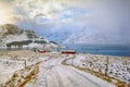 Beautiful winter landscape with traditional Norwegian fishing huts in the Lofoten islands, Norway Royalty Free Stock Photo