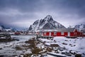 Beautiful winter landscape with traditional Norwegian fishing huts in the Lofoten islands, Norway Royalty Free Stock Photo