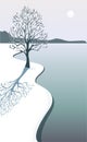 Beautiful winter landscape with a tree by the river.Vector illustration