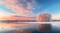 Beautiful winter landscape with trees on the shore of a frozen lake at sunset Royalty Free Stock Photo
