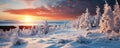 Beautiful winter landscape with trees and sun. Colorful , generated by AI