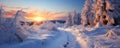 Beautiful winter landscape with trees and sun. Colorful , generated by AI