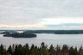 Beautiful winter landscape view of water, islands, sky and horizon in the Stockholm archipelago. Royalty Free Stock Photo