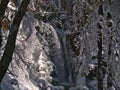 Water cascades Todtnauer WasserfÃÂ¤lle in forest covered by snow with frozen trees in winter time on sunny day. Royalty Free Stock Photo