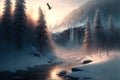 Beautiful winter landscape with a waterfall, sunrise, snowy trees in the background, haze, cliffs and flying birds. Generative AI Royalty Free Stock Photo