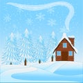 Beautiful winter landscape with a wooden house and snow-bound t