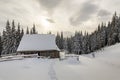 Beautiful winter landscape. Wooden shepherd hut on mountain snowy clearing among pine trees on cloudy sky copy space background. Royalty Free Stock Photo