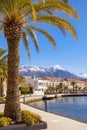 Beautiful winter Mediterranean landscape. Montenegro. View of embankment of Tivat city and Kotor Bay Royalty Free Stock Photo