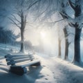 Beautiful winter morning landscape with snow covered trees and a bench in the park with sunlight, generative ai Royalty Free Stock Photo