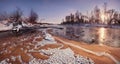 A Beautiful Winter Morning Landscape: The Sun Rising Over The Forest And The Sandy Shallows Of The River, Covered With Frost Cryst Royalty Free Stock Photo
