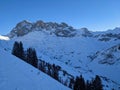 Beautiful winter mountain panorama above Partnun with a view of the Sulzfluh,Wiss Patte and Schijenflue mountains. Skimo