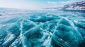 Beautiful winter natural blue ice texture of surface of frozen Lake in cold day. Nature abstract pattern of white cracks Royalty Free Stock Photo